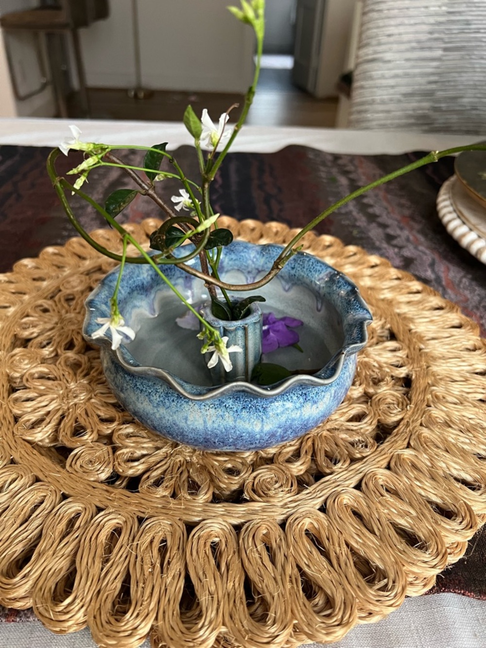 Handmade Blue Glazed Ceramic Flower Frog Vase Studio Pottery Bud Bowl 7”